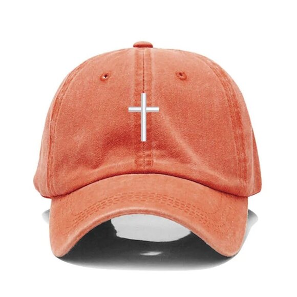 Orange Cross Embroidered Christian Baseball Cap, Washed, Adjustable Hat, Jesus - Picture 2 of 2
